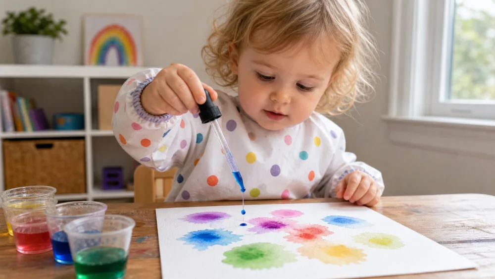 Toddler dripping colored water from a dropper onto watercolor paper.