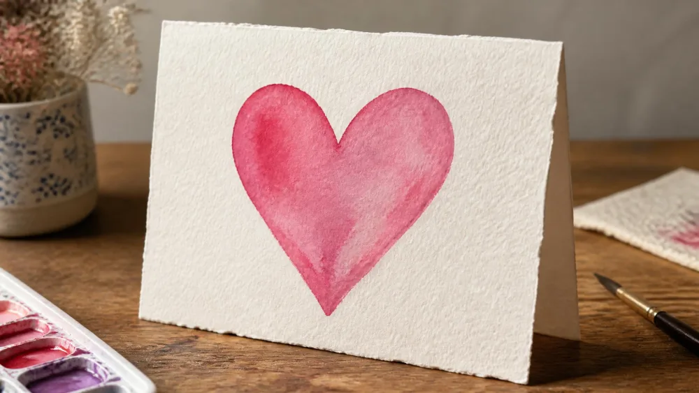 A handmade watercolor card with a painted heart.