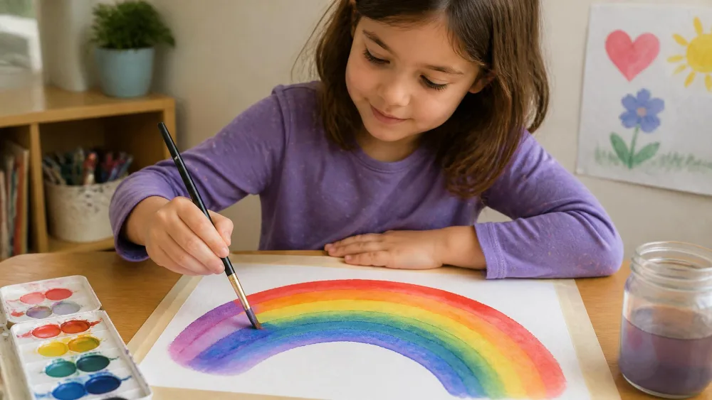 A child painting a blended watercolor rainbow arc.