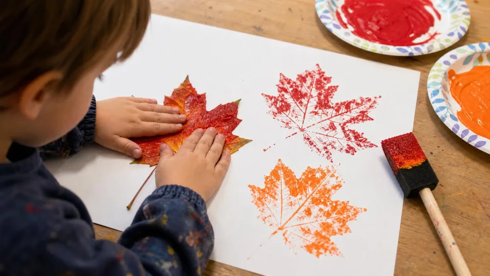 A child pressing a paint-covered maple leaf onto white paper, with red and orange leaf prints drying beside a foam brush.