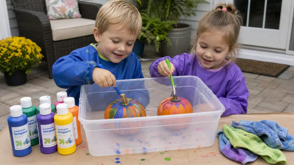 Two young children painting small orange pumpkins inside a plastic storage bin on a patio, with washable tempera paint and damp washcloths nearby.