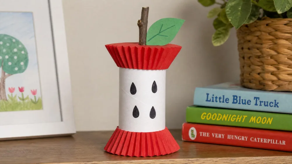 A finished paper-roll apple core craft on a shelf: a white cardboard tube with red cupcake-liner ends, marker seeds, a twig stem, and a green paper leaf.