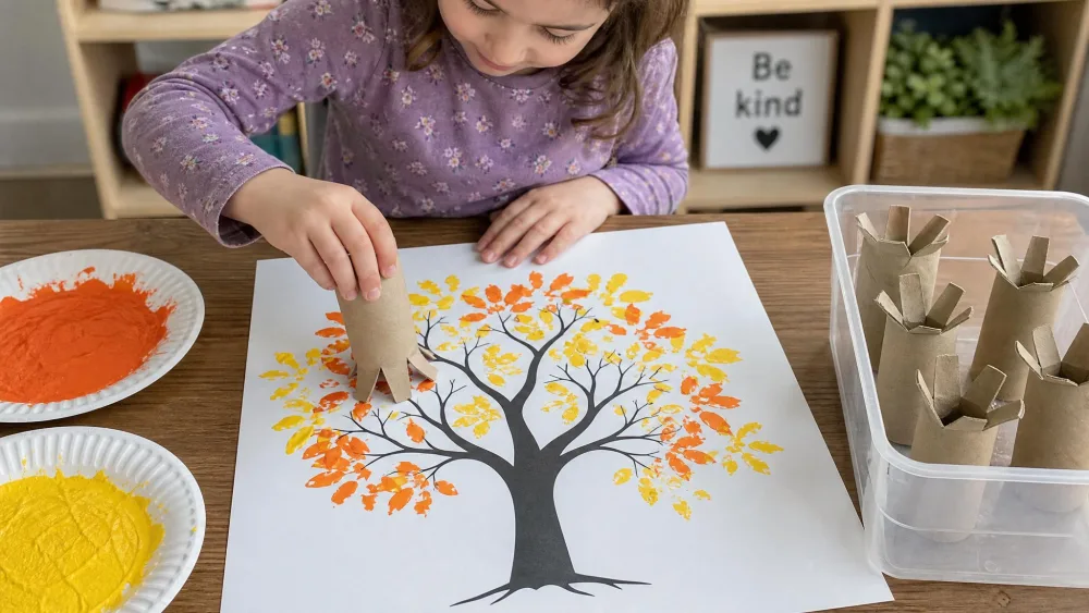 A child stamping orange and yellow leaf clusters onto a printed tree outline with a bent toilet-paper roll, with pre-cut rolls waiting on the table.