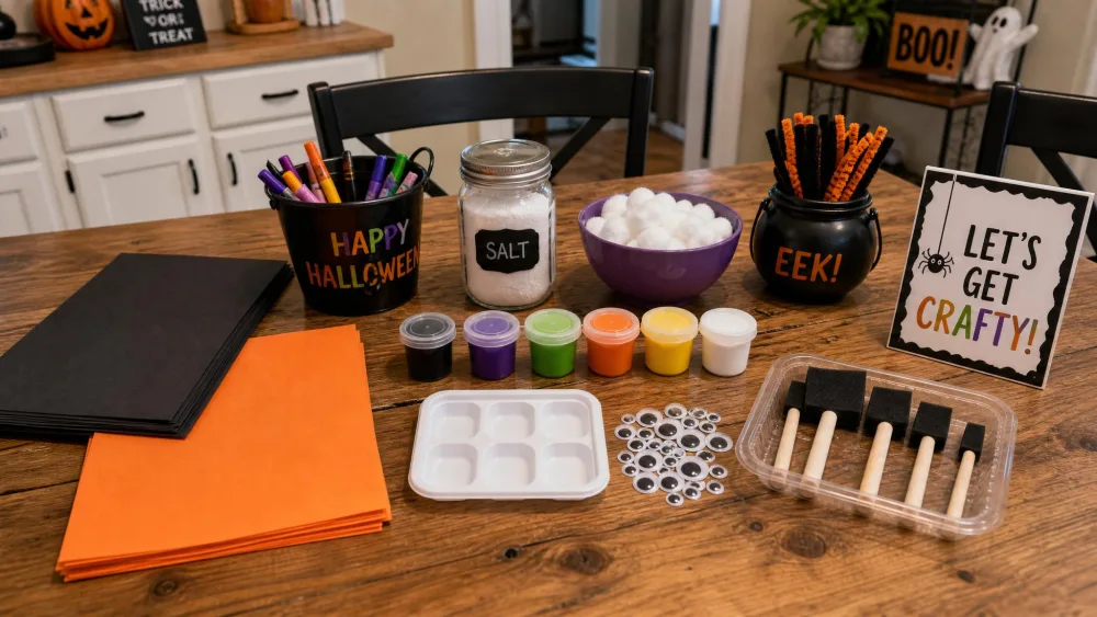 A wooden kitchen table topped with Halloween craft supplies including black and orange construction paper, washable paint pots, googly eyes, cotton balls, sponge brushes, and a jar of salt, ready for kids to start.