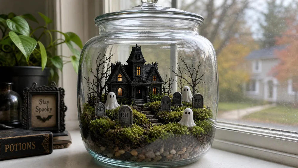 A large glass jar terrarium with pebbles, green moss, a mini haunted house, tiny gravestones, and small ghost figures inside, sitting on a windowsill.