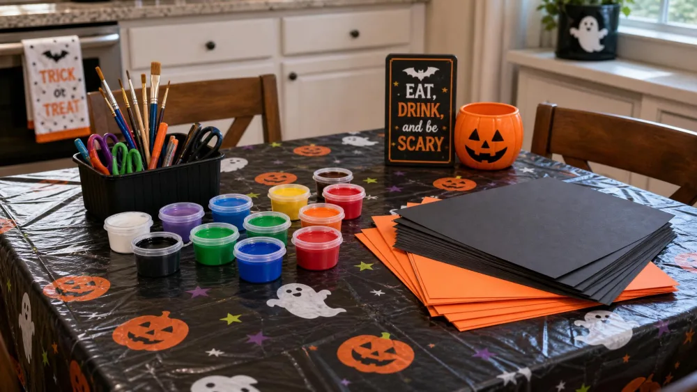 A kitchen table covered with a plastic cloth, small individual cups of washable paint, and a stack of black and orange paper set up for kids' Halloween crafts.