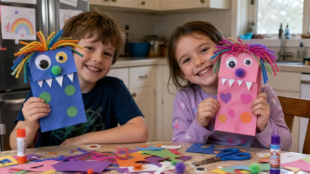 Two children holding colorful paper bag monster puppets with yarn hair and mismatched googly eyes at a kitchen table covered in craft scraps.