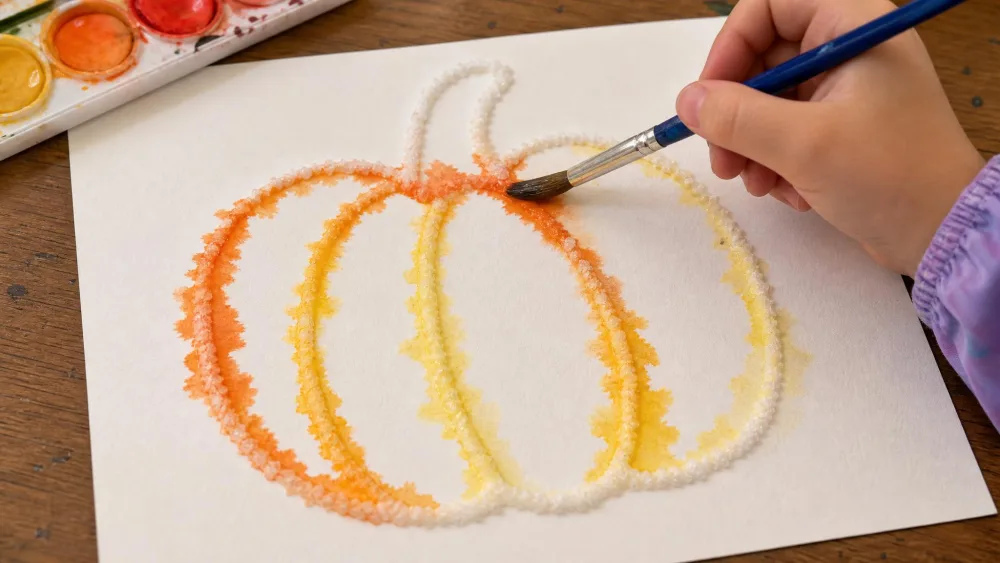 A child's hand touching a watercolor brush to a salt-and-glue pumpkin outline on paper, with orange and yellow paint bleeding along the raised salt lines.