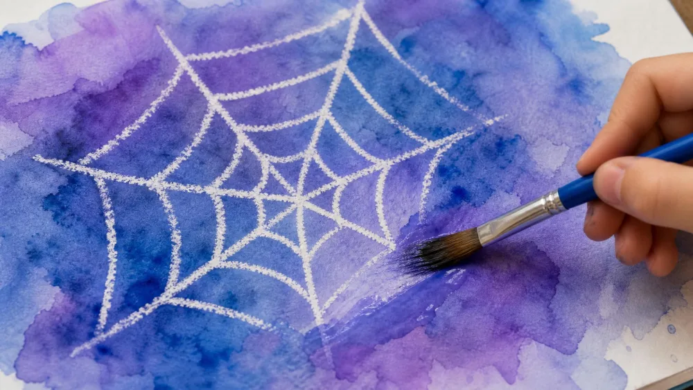 A white crayon spider web appearing under a blue and purple watercolor wash on paper, with a child's paintbrush mid-stroke revealing the hidden lines.