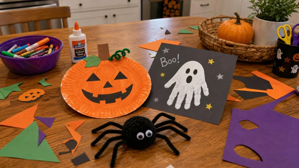 A kitchen table covered with finished kids' Halloween crafts including a paper plate pumpkin, a white handprint ghost on black paper, and a pom-pom spider, with construction paper scraps scattered around.