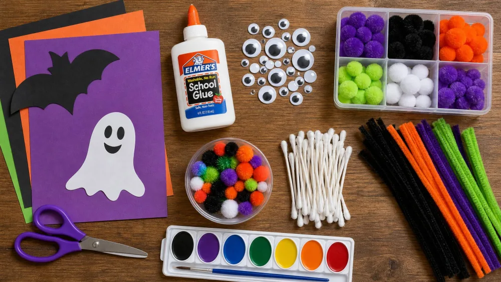 A flat-lay of household Halloween craft supplies including construction paper, googly eyes, pipe cleaners, pom poms, Q-tips, watercolors, and a bottle of white glue on a wooden table.