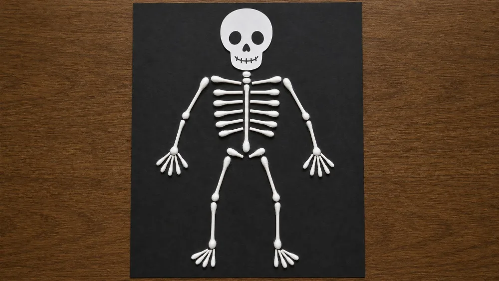 A skeleton made from cotton swabs glued onto black paper, with a white paper skull at the top and neatly arranged rib and limb bones.
