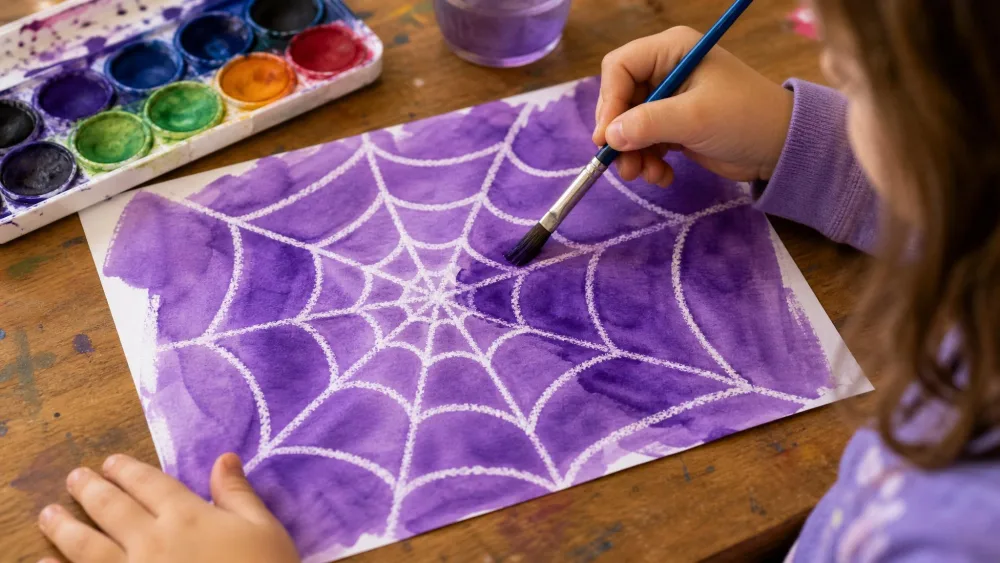 A child brushing purple watercolor over a white crayon spider web on paper, the wax lines resisting the paint and showing through as a glowing web.