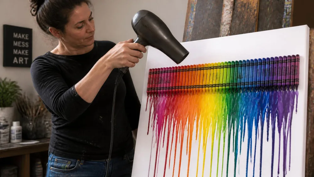 An adult holding a blow dryer aimed down at a row of crayons glued to a canvas, with colored wax beginning to melt and drip down the surface.