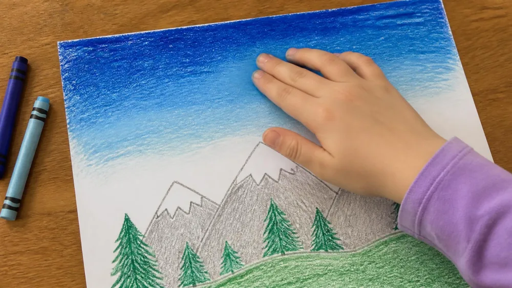 A child's hand blending two blue crayons into a smooth gradient across the top of a drawing, softening the seam where the two colors meet.