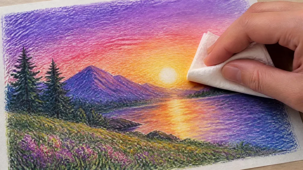 A folded tissue pad being rubbed gently over a layered crayon drawing to create a soft, velvety blended finish.