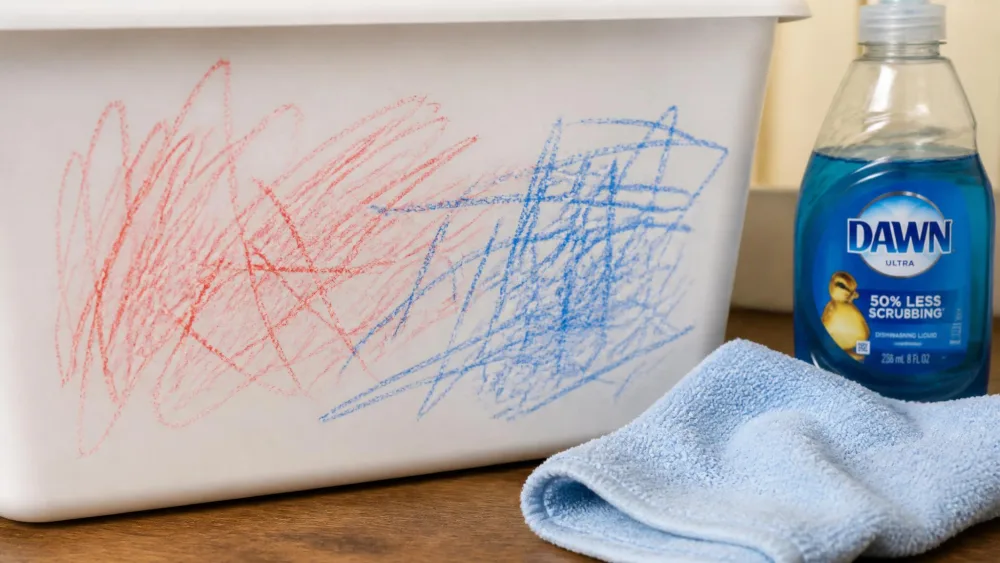Close-up of red and blue crayon scribbles on a white plastic storage bin, with a soft cloth and a bottle of dish soap set beside it on a wooden table.