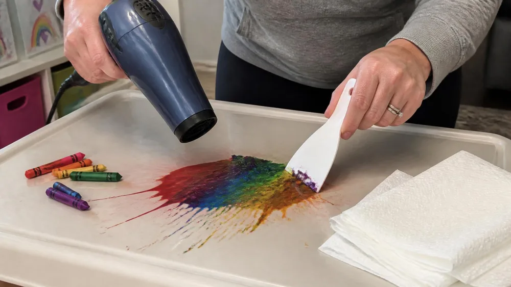 A parent holding a hair dryer over melted crayon on a plastic surface while a plastic scraper lifts the softened wax, with paper towels ready nearby.