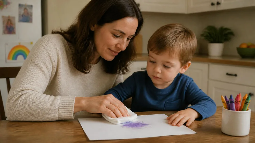 A parent and a young child at a kitchen table gently blotting a crayon mark on paper with a folded white cloth, working slowly and carefully together.