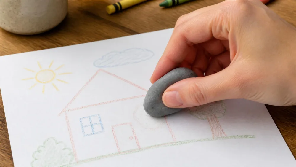 A hand pressing a grey kneaded eraser onto a light crayon outline on white paper, gently lifting wax in small circular motions on a kitchen table.