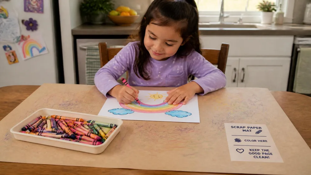 A child coloring at a kitchen table with a large scrap-paper mat and a shallow tray of washable crayons underneath, keeping stray marks off the table and the good page.