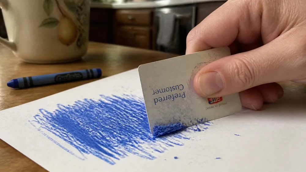 A hand holding the edge of an old plastic card at a shallow angle, gently scraping a thick blue crayon smear off a sheet of white drawing paper on a kitchen table.