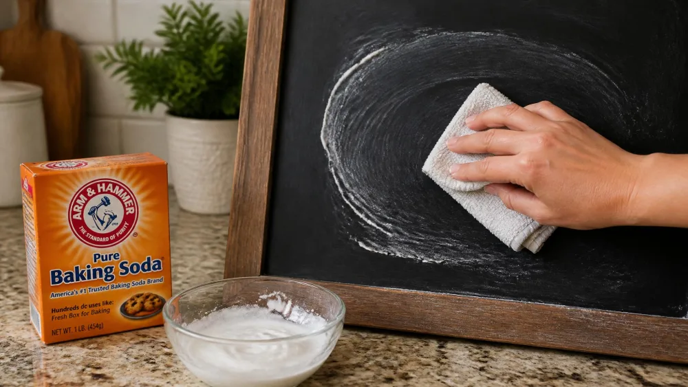 A hand rubbing white baking soda paste onto a black chalkboard with a folded soft cloth, a small bowl of paste and a box of baking soda beside it on a kitchen counter.