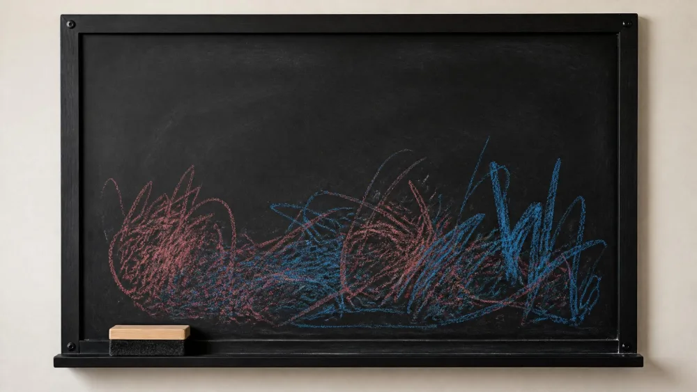 A black wall-mounted chalkboard with several bright red and blue crayon scribbles across the lower half, with a child's chalkboard eraser resting on the tray below.