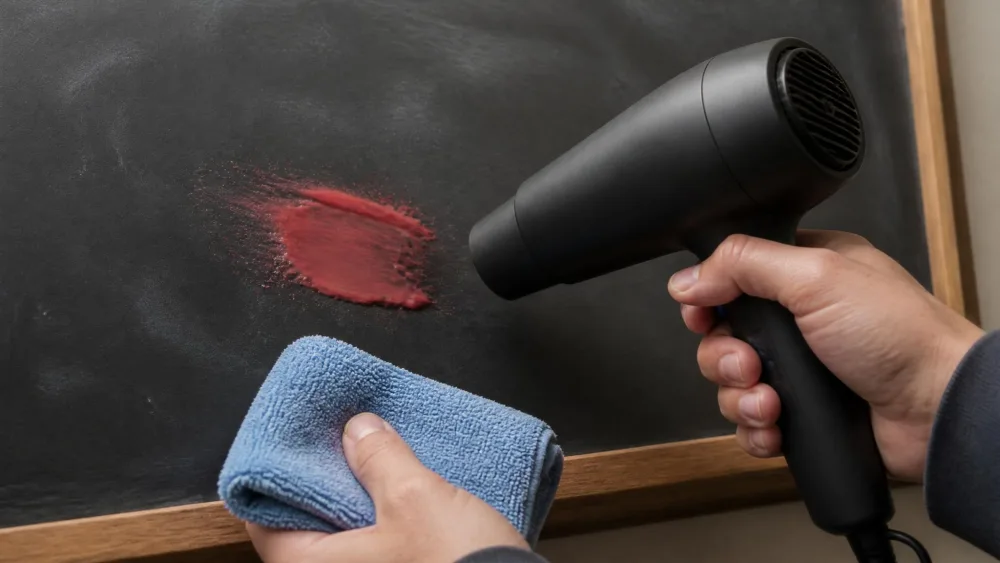A hand holding a hairdryer at a low angle a few inches from a smear of melted red crayon on a black chalkboard, with a soft microfiber cloth ready in the other hand.