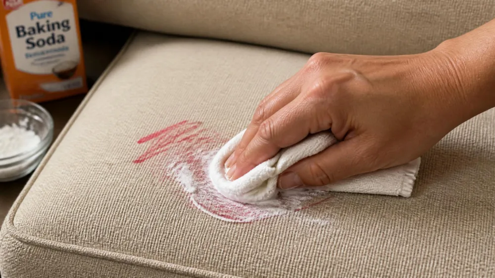An adult hand rubbing a thick white baking soda paste into a red crayon mark on a beige fabric couch cushion using a soft cloth.