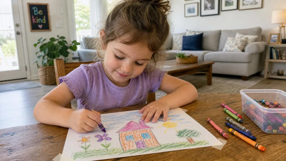 A young child coloring with crayons on paper taped to a wooden kitchen table, with a couch visible in the background of a bright living room.
