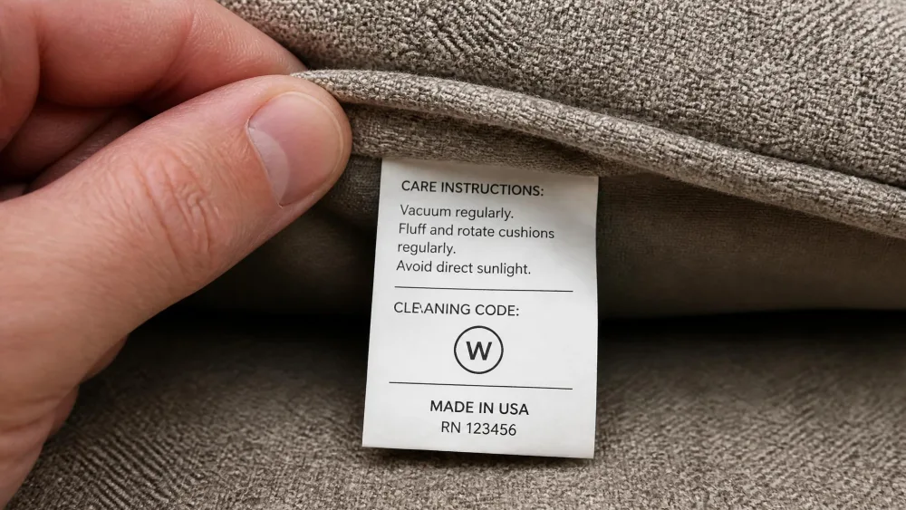 A close-up of a fabric care tag tucked under a couch cushion, showing the letter cleaning code W, held open by an adult hand.