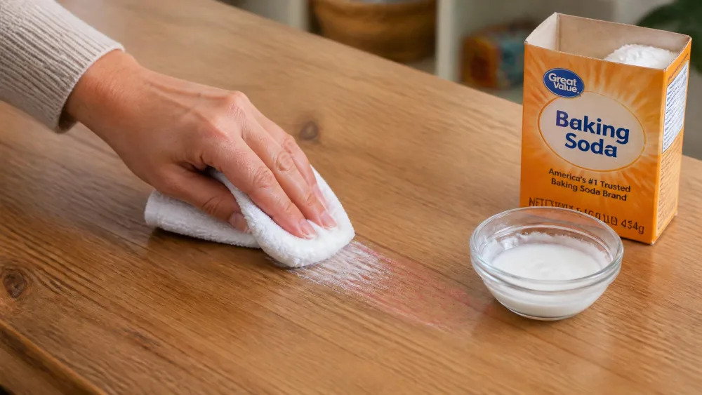 A parent's hand using a white cloth to rub baking soda paste along the grain of a wooden tabletop, gently lifting a red crayon mark, with an open box of baking soda beside a small bowl of paste.