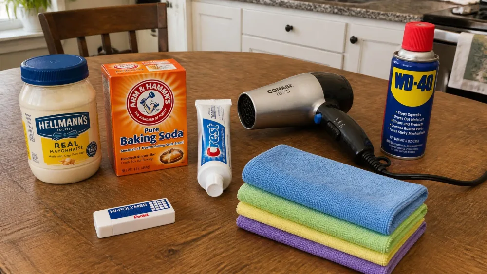 A wooden kitchen table with crayon-removal supplies laid out: a jar of mayonnaise, a box of baking soda, a tube of white toothpaste, a hair dryer, a white eraser, a spray can of WD-40, and a stack of folded microfiber cloths.