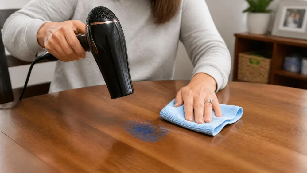 A parent holding a hair dryer a few inches above a blue crayon mark on a sealed wooden tabletop, a microfiber cloth ready in the other hand to wipe the softened wax from the outside toward the center.