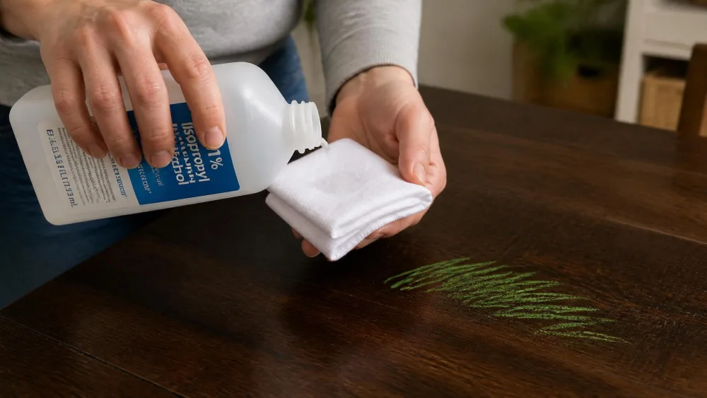 A parent dabbing rubbing alcohol from a bottle onto a folded white cloth, about to wipe a green crayon streak from a dark wooden tabletop, with the alcohol applied to the cloth rather than directly to the wood.