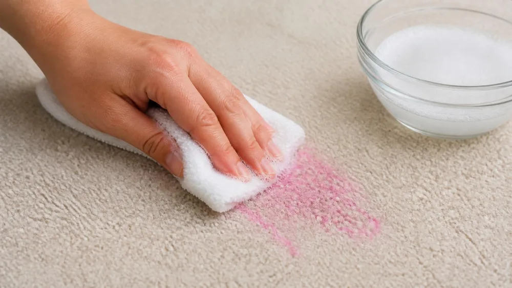 A hand pressing a soapy white cloth onto a faint pink crayon stain on light carpet, blotting gently from the edge inward, with a small bowl of sudsy water nearby.