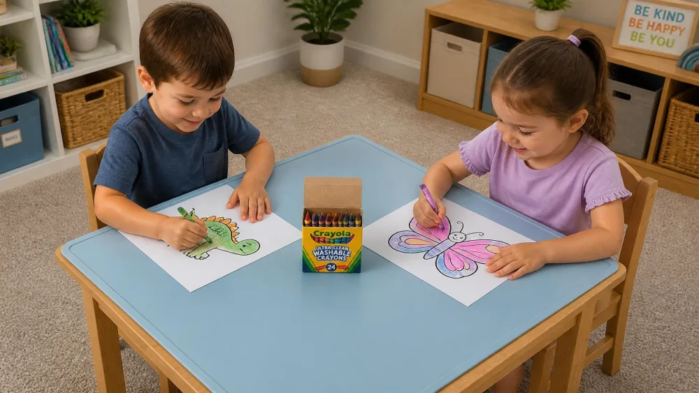 Two young children coloring with washable crayons on paper at a wooden table protected by a washable mat, with an open crayon box between them and clean carpet around them.