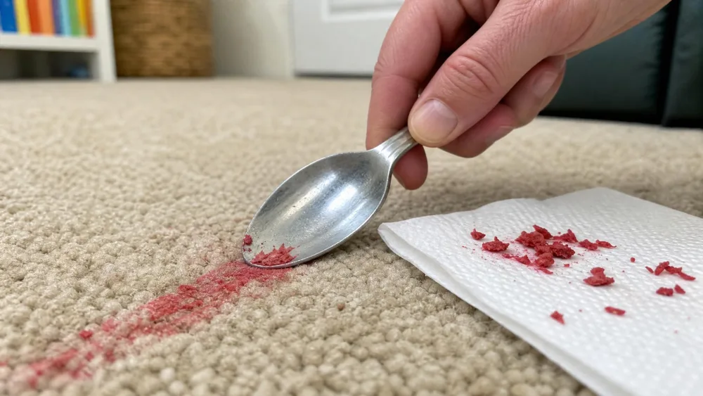 A hand holding a metal spoon at a low angle, scraping a red crayon smear off a beige low-pile carpet, with loose flakes of hardened wax on a white paper towel beside it.