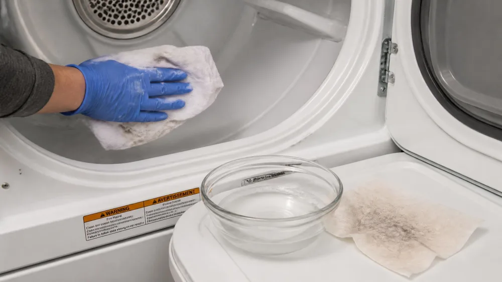 A gloved hand wiping a white dryer drum with a soapy white rag, a bowl of warm water and a used dryer sheet resting on the open dryer door.
