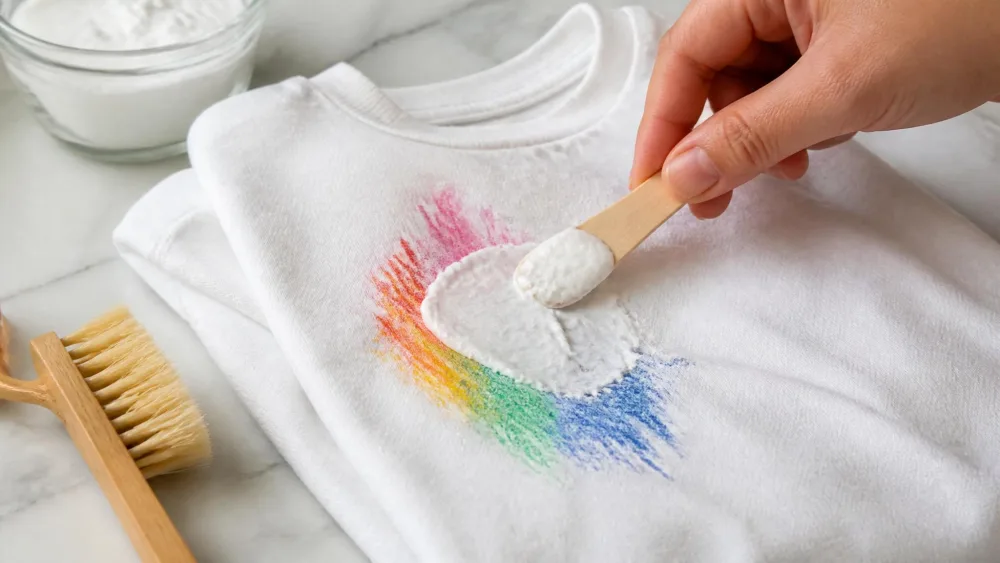 A hand spreading a thick white baking soda paste over a colored crayon stain on a folded cotton garment, with a soft-bristled brush resting nearby.