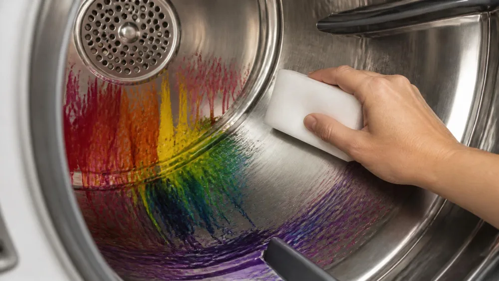 A hand wiping colorful melted crayon smears off the inside of a dryer drum with a white Magic Eraser sponge.