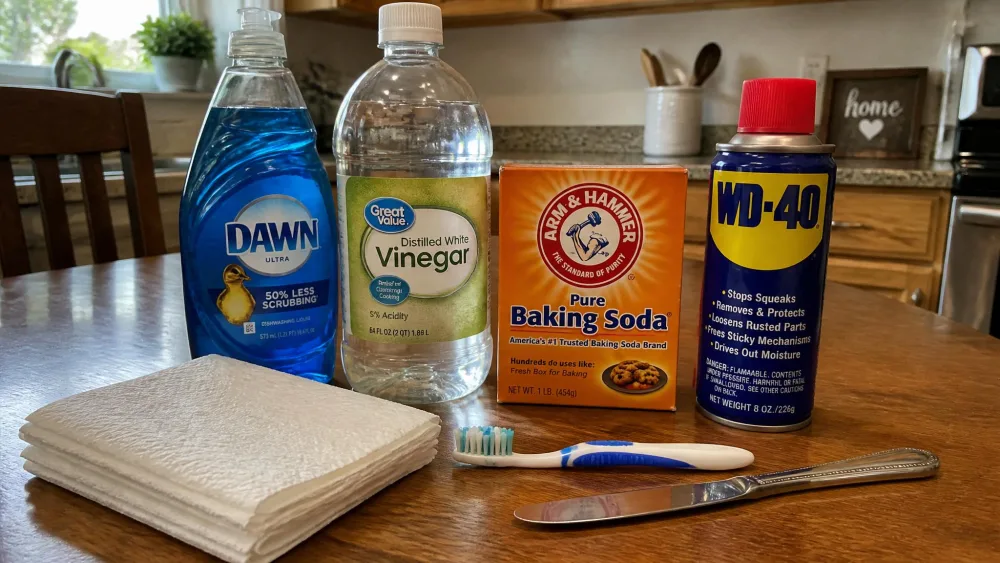 A kitchen table laid out with crayon stain-removal supplies: a bottle of Dawn dish soap, white vinegar, a box of baking soda, a can of WD-40, plain white paper towels, an old toothbrush, and a butter knife.