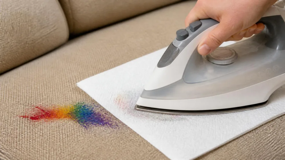 A warm iron pressed over a white paper towel on a fabric couch cushion to lift a melted crayon mark from upholstery.