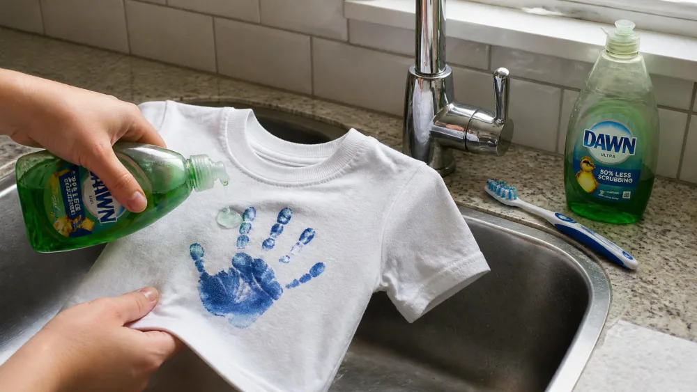 A child's white t-shirt with a blue washable paint handprint being worked with a drop of dish soap at a kitchen sink, an old toothbrush and dish soap bottle beside the faucet.