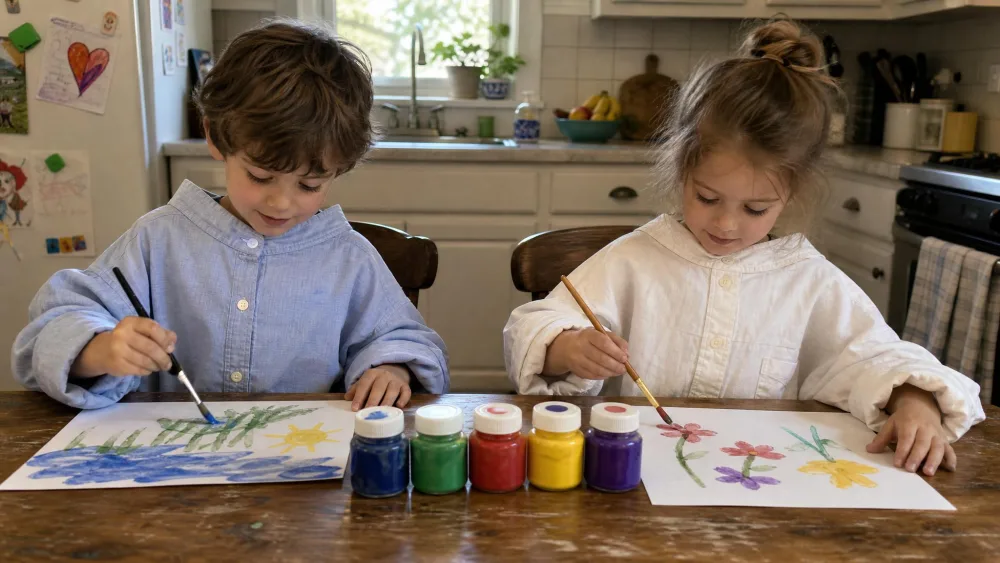 Two children at a kitchen table painting on paper while wearing oversized adult button-down shirts backwards as smocks, paint jars capped between them.