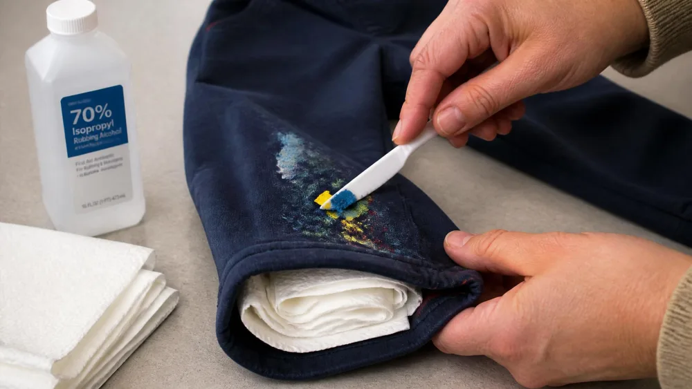 Hands scraping softened dried acrylic paint off a child's pant leg with a plastic knife, with folded paper towels tucked inside the leg and a bottle of rubbing alcohol nearby.