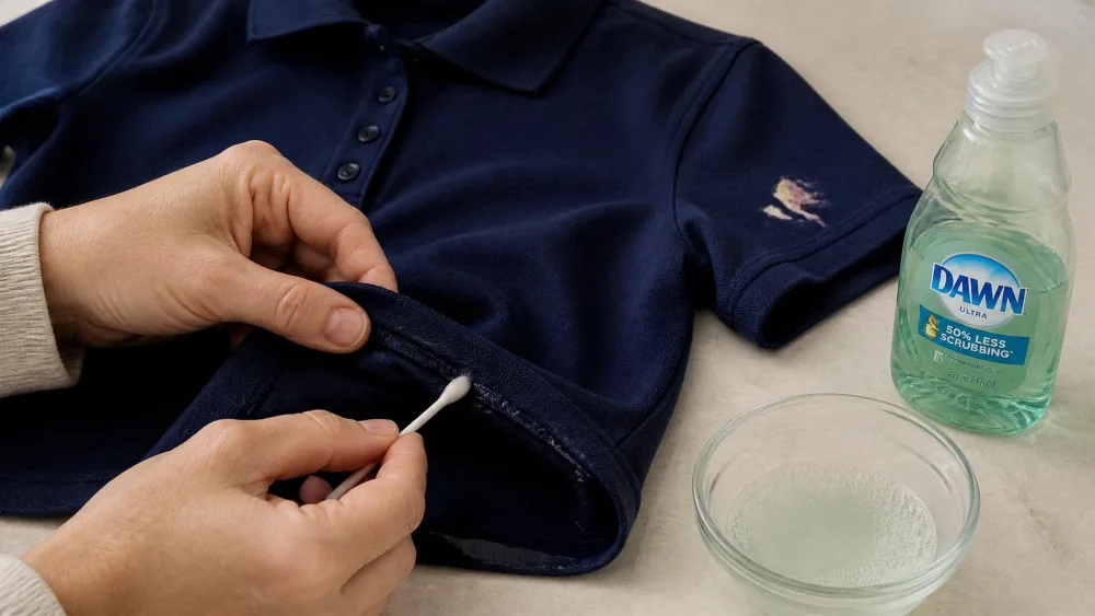 A parent dabbing dish soap solution on the inside hem of a navy school polo shirt to test for colorfastness, with a small dried paint mark visible on the sleeve.