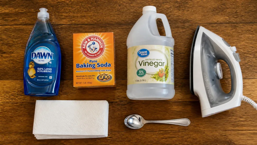 A flat-lay of crayon stain-removal supplies on a wooden kitchen table: a bottle of blue liquid dish soap, a box of baking soda, a jug of white vinegar, an iron, a stack of white paper towels, and a metal spoon.