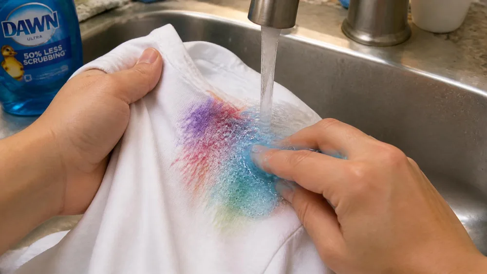 A hand working blue liquid dish soap into a colored crayon stain on a garment held under a running kitchen faucet, with suds forming over the treated area.
